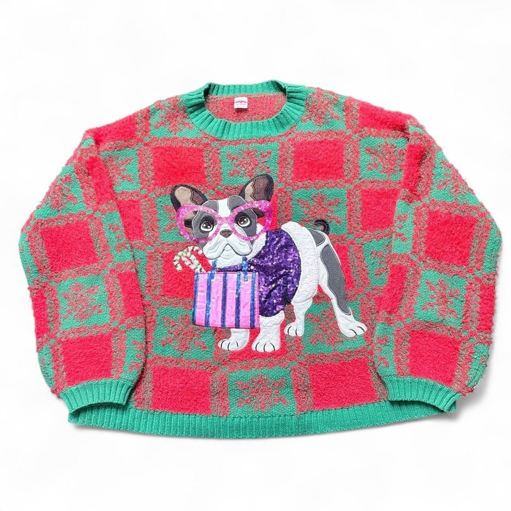 Holiday Time Women's XL Green Christmas Sweater French Bulldog Dogcore Knit